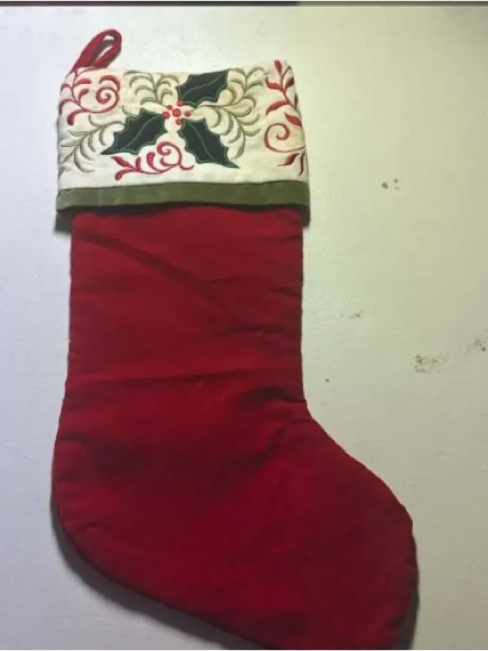 Traditional Red Velvet Christmas Stocking with Embroidered Cream Cuff